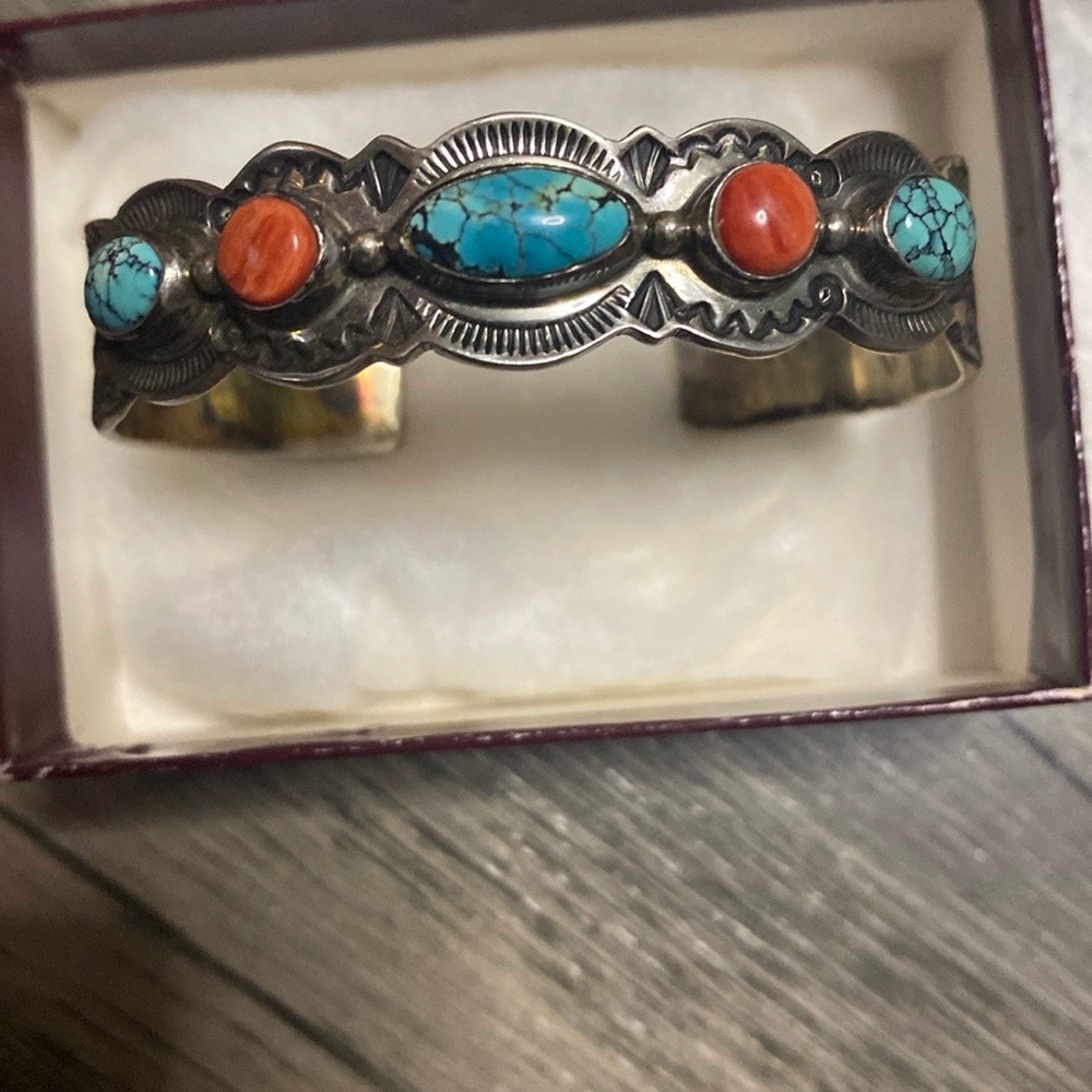 Vintage Turquoise and Coral Navajo Cuff Bracelet, Hallmarked